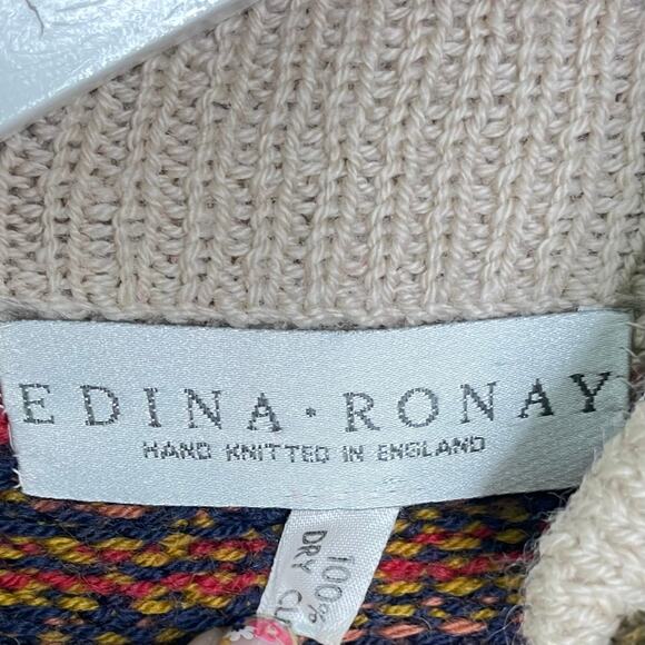 Edina Ronay England Tan, Red, Blue Fair Isle Hand Knit Wool Cardigan Sweater - Picture 3 of 10